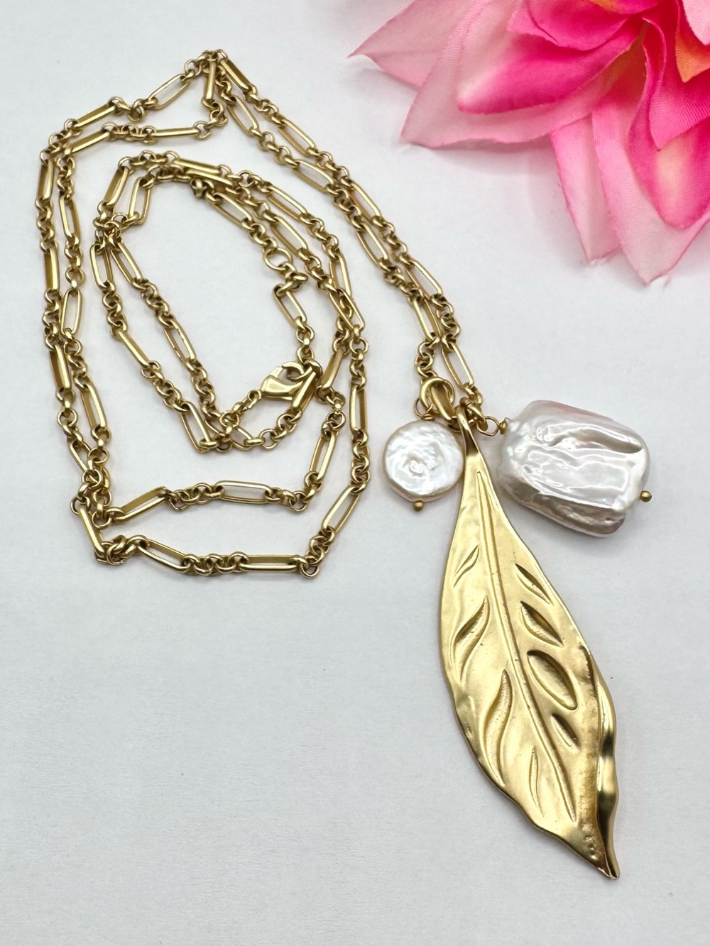 Coin Pearl Leaf And Baroque Pearl Pendant Necklace Matte Gold Tone Modern Nature